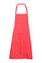 A red and white striped full bib apron, featuring a neck strap and a logo on the fabric.
