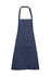 A navy and white striped full bib apron with an adjustable neck strap and a front pocket.