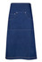 A denim apron in dark blue, featuring two pockets and contrasting stitching. It has a logo on the fabric.