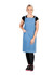 A denim apron in light blue worn by a model, featuring pockets and adjustable straps.