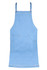 A denim apron in light blue with a front pocket and metal fasteners. The apron features adjustable straps and a simple design.