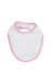 A white baby bib with pink trim and an opening at the top. It features a logo.