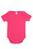 A pink baby short sleeve romper with a rounded neckline and snap closures at the bottom. It has a tag inside.
