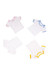 A collection of baby short sleeve tees in white, featuring pink, blue, and yellow trimmed collars. Each tee has a logo.