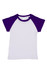 A white babies raglan T-shirt with purple short sleeves and a logo on the label.