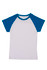 A babies' raglan T-shirt featuring a white body and blue sleeves. The shirt has a logo on the label.