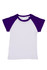 A raglan T-shirt in white with purple short sleeves, featuring a brand logo on the label.