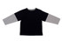 A kid's double sleeve T-shirt featuring a black body and grey sleeves, with a small button detail on one shoulder.