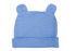A blue beanie with rounded ears on top, featuring a fold-over cuff. It has a simple design with no visible branding.