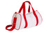 A white mini bag with red straps and accents, featuring a gold zip and a logo.