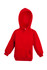 A red baby fleece hoodie with a front pocket and a hood, featuring a branding logo.