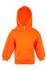 An orange baby fleece hoodie with a front pocket and an adjustable hood. It has branding on the label.