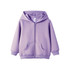 A purple fleece baby zip hoodie featuring a hood and front pockets, with a logo on the label.