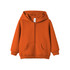 An orange fleece baby zip hoodie with a front zipper and hood. It features two front pockets and has a logo.