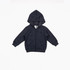 A fleece baby zip hoodie in navy blue, featuring a hood and front zipper. Includes branding on the label.