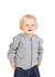 A grey fleece baby zip hoodie with a front pocket, worn by a smiling toddler. The hoodie has a hood and zipper.