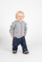 A grey fleece baby zip hoodie worn by a toddler, paired with denim jeans, standing against a white background.