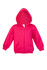 A pink fleece baby zip hoodie featuring long sleeves and a front pocket. It has a hood and a branding logo.
