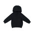 A black kangaroo pocket hoodie for babies with long sleeves and a hood, featuring a branding logo.