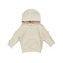 A beige kangaroo pocket hoodie for babies, featuring a hood and long sleeves. It has a logo on the front.