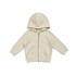 A beige kangaroo zip pocket hoodie with a hood and long sleeves, featuring a logo. Perfect for babies.