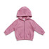 A pink kangaroo zip pocket hoodie for babies, featuring a hood and long sleeves. Includes a logo.