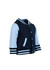 A navy and light blue varsity jacket featuring a button-up front and ribbed cuffs, with a logo on the chest.