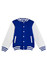 A blue varsity jacket with white sleeves and ribbed cuffs, featuring a button-up front and pockets.