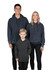 A collection of stone-wash fleece hoodies in dark grey, worn by two adults and one child. The image includes a logo.
