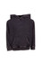 A grey stone-wash fleece hoodie for babies with a front pocket and a hood. Features a brand logo.