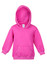 A pink hoodie with a front pocket and a hood, designed for babies. It features a logo on the label.