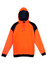 An orange and black hoodie with a contrasting panel design, featuring a hood and a front pocket.