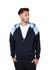A men's zip hoodie featuring navy and light blue contrast, with a zip closure and a hood. Includes a logo.