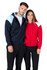 A navy and light blue zip hoodie and a red zip hoodie, both with contrasting shoulder colours, modelled by two people.