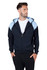 A navy blue hoodie with light blue contrast panels, featuring a front zip and a hood. It has a branding logo.