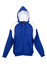 A blue men's hoodie with white contrast panels and a front zipper. It features a hood and has a logo.