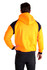 A bright orange hoodie with navy blue contrast panels and a hood, featuring a logo on the front.
