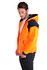 A bright orange and navy zippered hoodie with a hood, featuring contrasting colour panels and a logo.