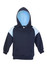 A navy hoodie with light blue contrast panels and a hood, featuring a front pocket and branding.