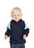 A navy blue hoodie with light blue shoulder panels worn by a smiling toddler. The hoodie has a front pocket and a hood.