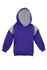 A purple hoodie featuring grey contrast panels on the shoulders, with a front pocket and a drawstring hood.
