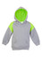 A grey hoodie with a green contrast panel on the shoulders and a green-lined hood. Features a front pocket and a logo.