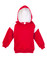 A red hoodie with a white contrast panel on the shoulders and a front pocket. Features a hood and long sleeves.
