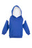 A blue hoodie with white contrast panels and a front pocket, featuring a hood.