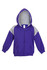 A purple hoodie with grey contrast panels and a zipper, featuring a hood and front pockets.