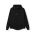 A black soft cotton and bonded polar fleece hoodie with a front zip and a hood. It features a logo.