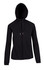 A black women's juniors hoodie made from soft cotton and bonded polar fleece, featuring a zip front and a hood.