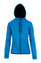 A blue women's hoodie features a bonded polar fleece material, zip closure, and a contrasting black hood.