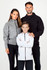 A grey zipped hoodie worn by a woman, a black zipped hoodie worn by a man, and a white zipped hoodie worn by a boy.