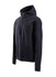 A black men's hoodie with a zip-up front and a hood, featuring a logo on one sleeve.
